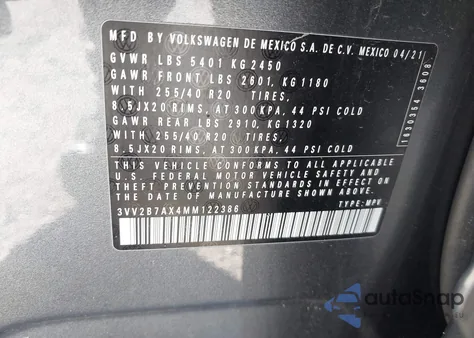 2021 Volkswagen Tiguan Se/Se R-Line Black/Sel из США, поврежденный, VIN 3VV2B7AX4MM122386